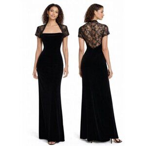 Vintage Black Velvet Lace Back Formal Gown Maxi Dress